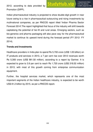 102
2012, according to data provided by Department of Industrial Policy and
Promotion (DIPP).
Indian pharmaceutical industry is projected to show double-digit growth in near
future owing to a rise in pharmaceutical outsourcing and rising investments by
multinational companies, as per RNCOS report titled 'Indian Pharma Sector
Forecast 2014'.The report highlighted that focus of the industry will shift towards
capitalising the potential of tier-III and rural areas. Emerging sectors, such as
bio-generics and pharma packaging will also pave way for the pharmaceutical
market to continue its upward trend during the forecast period (FY 2012- FY
2014).
Trends and Investments
Healthcare providers in India plan to spend Rs 5,700 crore (US$ 1.05 billion) on
IT products and services in 2013, a 7 per cent rise over 2012 revenues worth
Rs 5,300 crore (US$ 981.50 million), according to a report by Gartner. It is
expected to grow to 3.9 per cent to reach Rs 1,720 crore (US$ 318.52 million)
in 2013, with most of this growth coming from enterprise communication
equipment.
Further, the hospital services market, which represents one of the most
important segments of the Indian healthcare industry, is expected to be worth
US$ 81.2 billion by 2015, as per a RNCOS report.
 