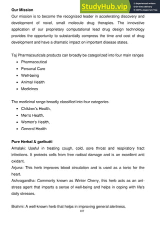 107
Our Mission
Our mission is to become the recognized leader in accelerating discovery and
development of novel, small molecule drug therapies. The innovative
application of our proprietary computational lead drug design technology
provides the opportunity to substantially compress the time and cost of drug
development and have a dramatic impact on important disease states.
Taj Pharmaceuticals products can broadly be categorized into four main ranges
Pharmaceutical
Personal Care
Well-being
Animal Health
Medicines
The medicinal range broadly classified into four categories
Children's Health,
Men's Health,
Women's Health,
General Health
Pure Herbal & gaributti
Amalaki: Useful in treating cough, cold, sore throat and respiratory tract
infections. It protects cells from free radical damage and is an excellent anti
oxidant.
Arjuna: This herb improves blood circulation and is used as a tonic for the
heart.
Ashvagandha: Commonly known as Winter Cherry, this herb acts as an ant-
stress agent that imparts a sense of well-being and helps in coping with life's
daily stresses.
Brahmi: A well-known herb that helps in improving general alertness.
 