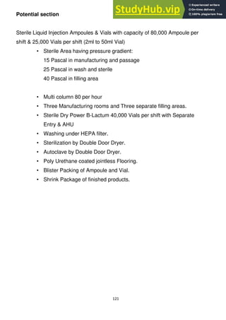 121
Potential section
Sterile Liquid Injection Ampoules & Vials with capacity of 80,000 Ampoule per
shift & 25,000 Vials per shift (2ml to 50ml Vial)
• Sterile Area having pressure gradient:
15 Pascal in manufacturing and passage
25 Pascal in wash and sterile
40 Pascal in filling area
• Multi column 80 per hour
• Three Manufacturing rooms and Three separate filling areas.
• Sterile Dry Power B-Lactum 40,000 Vials per shift with Separate
Entry & AHU
• Washing under HEPA filter.
• Sterilization by Double Door Dryer.
• Autoclave by Double Door Dryer.
• Poly Urethane coated jointless Flooring.
• Blister Packing of Ampoule and Vial.
• Shrink Package of finished products.
 