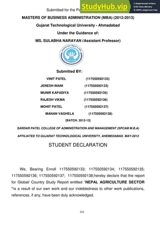 151
Submitted for the Partial Fulfillment of
MASTERS OF BUSINESS ADMINISTRATION (MBA) (2012-2013)
Gujarat Technological University - Ahmadabad
Under the Guidance of:
MS. SULABHA NARAYAN (Assistant Professor)
Submitted BY:
VINIT PATEL (117550592133)
JENESH INANI (117550592133)
MUNIR KAPADIYA (117550592135)
RAJESH VIKMA (117550592136)
MOHIT PATEL (117550592137)
MANAN VAGHELA (117550592138)
[BATCH: 2012-13]
SARDAR PATEL COLLEGE OF ADMINISTRATION AND MANAGEMENT (SPCAM M.B.A)
AFFILIATED TO GUJARAT TECHNOLOGICAL UNIVERSITY, AHEMEDABAD. MAY-2013
STUDENT DECLARATION
We, Bearing Enroll 117550592133; 117550592134; 117550592135;
117550592136; 117550592137; 117550592138;hereby declare that the report
for Global/ Country Study Report entitled ―NEPAL AGRICULTURE SECTOR
“is a result of our own work and our indebtedness to other work publications,
references, if any, have been duly acknowledged.
 