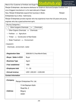 200
Most of Our Customer is Fertilizer and Sugar Factories in Nepal since 1985.
Ranjan Enterprises also became distributor for Sulphuric Acid and Complex Fertilizer from
one of biggest manufacture in a for west side part of Nepal.
Now, Ranjan Enterprises expand their business in Boiler. Ranjan
Enterprises has 2 office : Kathmandu
Ranjan Enterprises provide engineer who has experience more than 20 years and young
engineer who has a good achievment spirit.
[ Buying Categories ]
- Other Inorganic Chemicals >> Chemicals
- Other Organic Chemicals >> Chemicals
- Fertilizer >> Agriculture
- Timber >> Construction & Real Estate
- Water Treatment >> Environment
[ keyword ]
Chemicals , environment , boiler
Registration Date 2006/08/12 (Year/Month/Date)
Buyer / Seller in EC21 Buyer
Business Type Agent
Year established 1998
Employees total 11 – 50
Annual revenue USD 1,000,001 - 2,000,000
Contact Information
Company
Ranjan Enterprises Pvt. Ltd.
Address
7/144 Resham Kothi
Road No. 2
Birgunj
44301
 