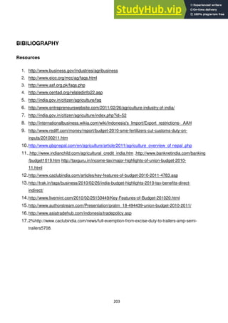 203
BIBILIOGRAPHY
Resources
1. http://www.business.gov/industries/agribusiness
2. http://www.eicc.org/mcc/ag/faqs.html
3. http://www.asf.org.pk/faqs.php
4. http://www.centad.org/relatedinfo22.asp
5. http://india.gov.in/citizen/agriculture/faq
6. http://www.entrepreneurswebsite.com/2011/02/26/agriculture-industry-of-india/
7. http://india.gov.in/citizen/agriculture/index.php?id=52
8. http://internationalbusiness.wikia.com/wiki/Indonesia's_Import/Export_restrictions-_AAH
9. http://www.rediff.com/money/report/budget-2010-sme-fertilizers-cut-customs-duty-on-
inputs/20100211.htm
10.http://www.gbgnepal.com/en/agriculture/article/2011/agriculture_overview_of nepal .php
11.,http://www.indianchild.com/agricultural_credit_india.htm ,http://www.banknetindia.com/banking
/budget1019.htm http://taxguru.in/income-tax/major-highlights-of-union-budget-2010-
11.html
12.http://www.caclubindia.com/articles/key-features-of-budget-2010-2011-4783.asp
13.http://trak.in/tags/business/2010/02/26/india-budget-highlights-2010-tax-benefits-direct-
indirect/
14.http://www.livemint.com/2010/02/26150449/Key-Features-of-Budget-201020.html
15.http://www.authorstream.com/Presentation/pratm_18-494439-union-budget-2010-2011/
16.http://www.asiatradehub.com/indonesia/tradepolicy.asp
17.2%http://www.caclubindia.com/news/full-exemption-from-excise-duty-to-trailers-amp-semi-
trailers5708.
 