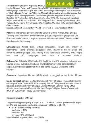 206
Selected ethnic groups of Nepal are Bhotia, Sherpa, Thakali, Gurung, Kiranti, Rai,
Limbu, Newari, Pahari and Tamang. Nepal's 2001 census enumerated 102 castes and
ethnic groups Both Indo-Aryan and Mixed Indo-Mongoloid comprise 80% who consist
of Chetri, Bahun, Newar, etc. While the Mongoloids including Magar, Gurung and Rai
comprise 17% of the population. The main religions of Nepal are Hindu 80.6%,
Buddhist 10.7%, Muslim 4.2%, Kirant 3.6%, other 0.9%. The language of Nepal are
Nepali (official) 47.8%, Maithali 12.1%, Bhojpuri 7.4%, Tharu (Dagaura/Rana) 5.8%,
Tamang 5.1%, Newar 3.6%, Magar 3.3%, Awadhi 2.4%, other 10%, unspecified 2.5%
(2001 census).
(according to EBS Documentary 'World Travel with a Theme' made in 2010.)
Peoples: Indigenous peoples include Gurung, Limbu, Newar, Rai, Sherpa,
Tamang and Tharu with diverse smaller groups. Major caste groups are the
Brahmins and Chhetris. Large numbers of Indians and some Tibetans make
their home in the country.
Language(s): Nepali 58% (official language), Newari 3%, mainly in
Kathmandu. Tibeto- Burman languages (20%) mainly in the hill areas, and
Indian-related languages (20%) mainly in the Terai areas bordering India. Nepal
has over 30 Languages and over a hundred dialects.
Religion(s): Officially 90% Hindu, 8% Buddhist and 4% Muslim – but accurate
figures are not available. Hinduism and Buddhism overlap considerably in
Nepal. Estimates suggest that there are some 400,000 Christians in the
country.
Currency: Nepalese Rupee (NPR) which is pegged to the Indian Rupee.
Major political parties: Unified Communist Party of Nepal – Maoist (Chairman
– Pushpa Kamal Dahal AKA ‗Prachanda‘), Nepali Congress (President - Sushil
Koirala), Communist Party of Nepal-Unified Marxist-Leninist (CPN-UML)
(Chairman - Jhalanath Khanal), Madhesi People's Rights Forum-Democratic
(MJF-D) (Chairman – Bijay Gachchhadar)
Economic overview of Nepal
The purchasing power parity of Nepal is $31.09 billion .The real growth rate of Nepal
is 5.6% and per capita purchasing power parity of Nepal is $1,100.
GDP - composition by sector is:
agriculture: 40%
industry: 20%
services: 40% (2002 est.)
Population below poverty line: 33% (2007)
 