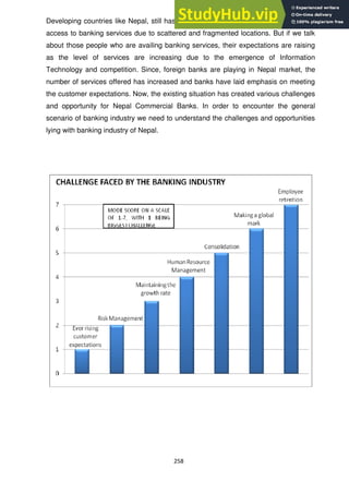 258
Developing countries like Nepal, still has a huge number of people who do not have
access to banking services due to scattered and fragmented locations. But if we talk
about those people who are availing banking services, their expectations are raising
as the level of services are increasing due to the emergence of Information
Technology and competition. Since, foreign banks are playing in Nepal market, the
number of services offered has increased and banks have laid emphasis on meeting
the customer expectations. Now, the existing situation has created various challenges
and opportunity for Nepal Commercial Banks. In order to encounter the general
scenario of banking industry we need to understand the challenges and opportunities
lying with banking industry of Nepal.
 