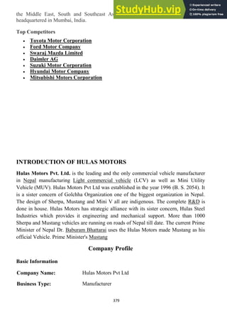 379
the Middle East, South and Southeast Asia and South America. Tata Motors is
headquartered in Mumbai, India.
Top Competitors
Toyota Motor Corporation
Ford Motor Company
Swaraj Mazda Limited
Daimler AG
Suzuki Motor Corporation
Hyundai Motor Company
Mitsubishi Motors Corporation
INTRODUCTION OF HULAS MOTORS
Hulas Motors Pvt. Ltd. is the leading and the only commercial vehicle manufacturer
in Nepal manufacturing Light commercial vehicle (LCV) as well as Mini Utility
Vehicle (MUV). Hulas Motors Pvt Ltd was established in the year 1996 (B. S. 2054). It
is a sister concern of Golchha Organization one of the biggest organization in Nepal.
The design of Sherpa, Mustang and Mini V all are indigenous. The complete R&D is
done in house. Hulas Motors has strategic alliance with its sister concern, Hulas Steel
Industries which provides it engineering and mechanical support. More than 1000
Sherpa and Mustang vehicles are running on roads of Nepal till date. The current Prime
Minister of Nepal Dr. Baburam Bhattarai uses the Hulas Motors made Mustang as his
official Vehicle. Prime Minister's Mustang
Company Profile
Basic Information
Company Name: Hulas Motors Pvt Ltd
Business Type: Manufacturer
 