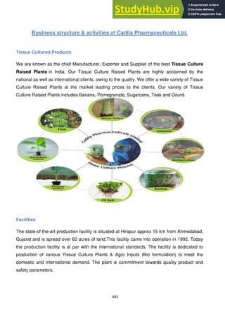445
Business structure & activities of Cadila Pharmaceuticals Ltd.
Tissue Cultured Products
We are known as the chief Manufacturer, Exporter and Supplier of the best Tissue Culture
Raised Plants in India. Our Tissue Culture Raised Plants are highly acclaimed by the
national as well as international clients, owing to the quality. We offer a wide variety of Tissue
Culture Raised Plants at the market leading prices to the clients. Our variety of Tissue
Culture Raised Plants includes Banana, Pomegranate, Sugarcane, Teak and Gourd.
Facilities
The state-of-the-art production facility is situated at Hirapur approx 15 km from Ahmedabad,
Gujarat and is spread over 62 acres of land.This facility came into operation in 1992. Today
the production facility is at par with the international standards. The facility is dedicated to
production of various Tissue Culture Plants & Agro Inputs (Bio formulation) to meet the
domestic and international demand. The plant is commitment towards quality product and
safety parameters.
 