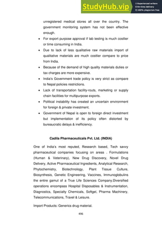 496
unregistered medical stores all over the country. The
government monitoring system has not been effective
enough.
For export purpose approval if lab testing is much costlier
or time consuming in India.
Due to lack of less qualitative raw materials import of
qualitative materials are much costlier compare to price
from India.
Because of the demand of high quality materials duties or
tax charges are more expensive.
India‘s Government trade policy is very strict as compare
to Nepal policies restrictions.
Lack of transportation facility-routs, marketing or supply
chain facilities for multipurpose exports.
Political instability has created an uncertain environment
for foreign & private investment.
Government of Nepal is open to foreign direct investment
but implementation of its policy often distorted by
bureaucratic delays & inefficiency.
Cadila Pharmaceuticals Pvt. Ltd. (INDIA)
One of India‘s most reputed, Research based, Tech savvy
pharmaceutical companies focusing on areas . Formulations
(Human & Veterinary), New Drug Discovery, Novel Drug
Delivery, Active Pharmaceutical Ingredients, Analytical Research,
Phytochemistry, Biotechnology, Plant Tissue Culture,
Biosynthesis, Genetic Engineering, Vaccines, Immunoglobulins
the entire gamut of a True Life Sciences Company.Diversified
operations encompass Hospital Disposables & Instrumentation,
Diagnostics, Specialty Chemicals, Softgel, Pharma Machinery,
Telecommunications, Travel & Leisure.
Import Products: Generics drug material.
 