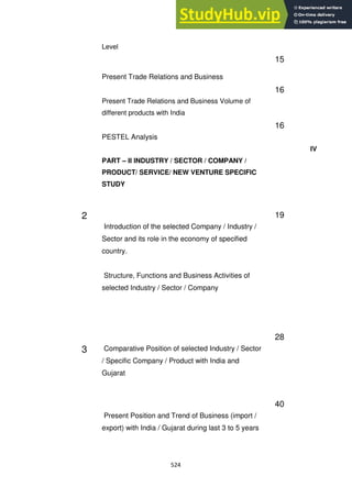 524
Level
Present Trade Relations and Business
15
Present Trade Relations and Business Volume of
different products with India
16
PESTEL Analysis
16
PART – II INDUSTRY / SECTOR / COMPANY /
PRODUCT/ SERVICE/ NEW VENTURE SPECIFIC
STUDY
IV
2
Introduction of the selected Company / Industry /
Sector and its role in the economy of specified
country.
Structure, Functions and Business Activities of
selected Industry / Sector / Company
19
3 Comparative Position of selected Industry / Sector
/ Specific Company / Product with India and
Gujarat
28
Present Position and Trend of Business (import /
export) with India / Gujarat during last 3 to 5 years
40
 