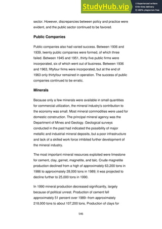 546
sector. However, discrepancies between policy and practice were
evident, and the public sector continued to be favored.
Public Companies
Public companies also had varied success. Between 1936 and
1939, twenty public companies were formed, of which three
failed. Between 1945 and 1951, thirty-five public firms were
incorporated, six of which went out of business. Between 1936
and 1963, fiftyfour firms were incorporated, but at the end of
1963 only thirtyfour remained in operation. The success of public
companies continued to be erratic.
Minerals
Because only a few minerals were available in small quantities
for commercial utilization, the mineral industry's contribution to
the economy was small. Most mineral commodities were used for
domestic construction. The principal mineral agency was the
Department of Mines and Geology. Geological surveys
conducted in the past had indicated the possibility of major
metallic and industrial mineral deposits, but a poor infrastructure
and lack of a skilled work force inhibited further development of
the mineral industry.
The most important mineral resources exploited were limestone
for cement, clay, garnet, magnetite, and talc. Crude magnetite
production declined from a high of approximately 63,200 tons in
1986 to approximately 28,000 tons in 1989; it was projected to
decline further to 25,000 tons in 1990.
In 1990 mineral production decreased significantly, largely
because of political unrest. Production of cement fell
approximately 51 percent over 1989--from approximately
218,000 tons to about 107,200 tons. Production of clays for
 