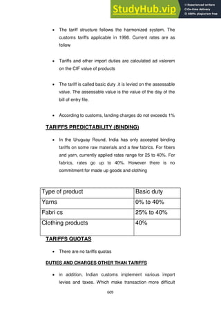 609
The tariff structure follows the harmonized system. The
customs tariffs applicable in 1998. Current rates are as
follow
Tariffs and other import duties are calculated ad valorem
on the CIF value of products
The tariff is called basic duty .it is levied on the assessable
value. The assessable value is the value of the day of the
bill of entry file.
According to customs, landing charges do not exceeds 1%
TARIFFS PREDICTABILITY (BINDING)
In the Uruguay Round, India has only accepted binding
tariffs on some raw materials and a few fabrics. For fibers
and yarn, currently applied rates range for 25 to 40%. For
fabrics, rates go up to 40%. However there is no
commitment for made up goods and clothing
TARIFFS QUOTAS
There are no tariffs quotas
DUTIES AND CHARGES OTHER THAN TARIFFS
in addition, Indian customs implement various import
levies and taxes. Which make transaction more difficult
Type of product Basic duty
Yarns 0% to 40%
Fabri cs 25% to 40%
Clothing products 40%
 