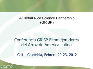 GRiSP



          A Global Rice Science Partnership
                       (GRiSP)


                          d
        Conferencia GRiSP Fitomejoradores
           del Arroz de America Latina

         Cali – Colombia, Febrero 20-23, 2012
 