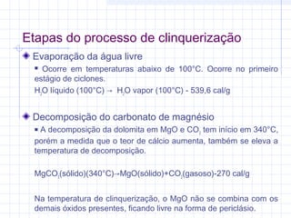 Etapas do processo de clinquerização
Evaporação da água livre
 Ocorre em temperaturas abaixo de 100°C. Ocorre no primeiro
estágio de ciclones.
H2
O líquido (100°C) →  H2
O vapor (100°C) - 539,6 cal/g
Decomposição do carbonato de magnésio
 A decomposição da dolomita em MgO e CO2
tem início em 340°C,
porém a medida que o teor de cálcio aumenta, também se eleva a
temperatura de decomposição.
MgCO3
(sólido)(340°C)→MgO(sólido)+CO2
(gasoso)-270 cal/g
Na temperatura de clinquerização, o MgO não se combina com os
demais óxidos presentes, ficando livre na forma de periclásio.
 