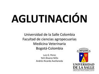 AGLUTINACIÓN 
Universidad de la Salle Colombia 
Facultad de ciencias agropecuarias 
Medicina Veterinaria 
Bogotá-Colombia 
Luis G. Perez 
Yeili Álvarez Niño 
Andrés Ricardo Avellaneda 
 