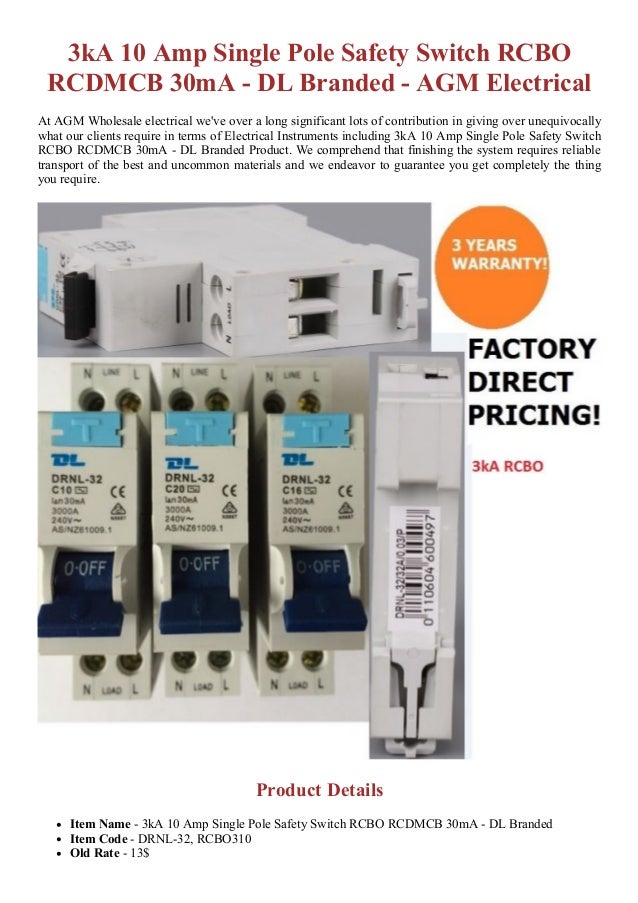 3kA 10 Amp Single Pole Safety Switch RCBO RCDMCB 30mA DL Branded