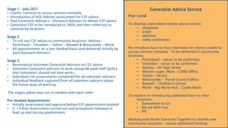Generalist Advice Service
Post-Covid
To develop and embed remote advice service
• telephone
• email
• webchat
• video conference
Re-introduce face-to-face interviews for clients unable to
access services remotely. To be delivered in community
locations:
• Portishead – venue to be confirmed
• Clevedon – venue to be confirmed
• Nailsea – 65 High Street
• Weston-super-Mare – CANS Office
• Yatton – library
• Winscombe – Parish Council Office
• Banwell – Children’s Centre
• Worle – Big Worle Hub / Castle Batch
To explore re-introducing additional face-to-face
locations:
• Somewhere to Go
• We are With You
• Pill
Working with North Somerset Together to identify new
community locations / secure additional funding
Stage 1 – July 2021
• Clients continue to access services remotely
• Introduction of ASS/Adviser assessment for F2F advice
• Paid Generalist Advisers / Outreach Advisers to deliver F2F advice
• Generalist F2F to be introduced to 39OS and then rolled out to
community locations
Stage 2
• To roll out F2F advice to community locations: Nailsea /
Portishead / Clevedon / Yatton / Banwell & Winscombe / Worle
• All appointments on a pre-booked basis and delivered initially by
paid Outreach Advisers
Stage 3
• Reintroduce Volunteer Generalist Advisers to F2F advice
• Volunteer Generalist advisers to work alongside paid staff (policy
that Volunteers should not lone work).
• Individual risk assessments completed for all volunteer advisers
• Individual feedback captured from all volunteer advisers about
the future ways of working
The stages above may run in tandem with each other
Pre-booked Appointments
• Initially assessment and approval before F2F appointment booked
• C-19 Risk Assessment carried out and procedures followed in
lead up and during appointment.
 