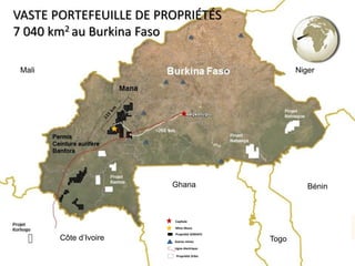 UNE TENEUR SUPÉRIEURE29
Capitale
Mine Mana
Propriété SEMAFO
Autres mines
Ligne électrique
Propriété Orbis
Mali Niger
Côte d’Ivoire
Ghana
Togo
Bénin
VASTE PORTEFEUILLE DE PROPRIÉTÉS
7 040 km2 au Burkina Faso
 