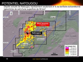UNE TENEUR SUPÉRIEURE32
POTENTIEL NATOUGOU
Dépôts actuels de Natougou représentent seulement 4 % du territoire échantillonné
(géochimie de sol) d’une superficie de 50 km2
 