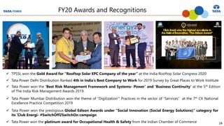 24
FY20 Awards and Recognitions
✓ Tata Power won the ‘Best Risk Management Framework and Systems- Power’ and ‘Business Continuity’ at the 5th Edition
of The India Risk Management Awards 2019.
24
✓ Tata Power won the prestigious Global Edison Awards under “Social Innovation (Social Energy Solutions)” category for
its ‘Club Energi- #SwitchOff2SwitchOn campaign
✓ TPSSL won the Gold Award for “Rooftop Solar EPC Company of the year” at the India Rooftop Solar Congress 2020
✓ Tata Power won the platinum award for Occupational Health & Safety from the Indian Chamber of Commerce
✓ Tata Power Delhi Distribution Ranked 4th in India’s Best Company to Work for 2019 Survey by Great Places to Work Institute
✓ Tata Power Mumbai Distribution won the theme of “Digitization’” Practices in the sector of “Services” at the 7th CII National
Excellence Practice Competition 2019
 