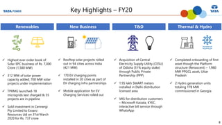8
Key Highlights – FY20
✓ Highest ever order book of
Solar EPC business of Rs. 7,000
Crore (1,580 MW)
✓ 312 MW of solar power
capacity added; 700 MW solar
projects under implementation
✓ TPRMG launched-18
microgrids test charged & 55
projects are in pipeline
✓ Sold investment in Cennergi
Pty Limited to Exxaro
Resources Ltd on 31st March
2020 for Rs. 737 crore
✓ Rooftop solar projects rolled
out in 94 cities across India
(421 MW)
✓ 170 EV charging points
installed in 20 cities as part of
EV charging infra partnerships
✓ Mobile application for EV
Charging Services rolled out
✓ Acquisition of Central
Electricity Supply Utility (CESU)
of Odisha (51% equity stake)
through Public Private
Partnership (PPP)
✓ 1.95 lakh SMART meters
installed in Delhi distribution
licensed area
✓ VAS for distribution customers
– Microsoft Kaizala, KYEC,
interactive bill service through
WhatsApp
✓ Completed onboarding of first
asset though the Platform
structure (Renascent) – 1,980
MW PPGCL asset, Uttar
Pradesh
✓ 2 Hydro generation units
totaling 178 MW
commissioned in Georgia
Renewables New Business T&D Thermal & Hydro
 