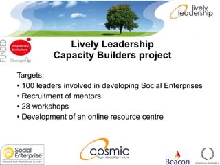 Targets:  •  100 leaders involved in developing Social Enterprises •  Recruitment of mentors  •  28 workshops  •  Development of an online resource centre  Lively Leadership  Capacity Builders project   