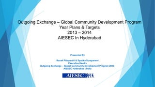 Outgoing Exchange – Global Community Development Program
Year Plans & Targets
2013 – 2014
AIESEC In Hyderabad

Presented By
Ravali Pidaparthi & Spatika Surapaneni
Executive Head's
Outgoing Exchange – Global Community Development Program 2013
AIESEC Hyderabad | India

 