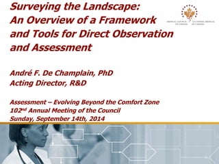 Surveying the Landscape: 
An Overview of a Framework 
and Tools for Direct Observation 
and Assessment 
André F. De Champlain, PhD 
Acting Director, R&D 
Assessment – Evolving Beyond the Comfort Zone 
102nd Annual Meeting of the Council 
Sunday, September 14th, 2014 
 