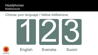 Headphones
Kielikanavat
Choose your language / Valitse kielikanava:
English Svenska Suomi
 