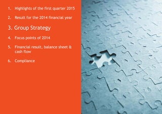 1. Highlights of the first quarter 2015
2. Result for the 2014 financial year
3. Group Strategy
4. Focus points of 2014
5. Financial result, balance sheet &
cash flow
6. Compliance
 