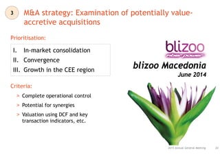 Prioritisation:
20
M&A strategy: Examination of potentially value-
accretive acquisitions
2015 Annual General Meeting
I. In-market consolidation
II. Convergence
III. Growth in the CEE region
Criteria:
> Complete operational control
> Potential for synergies
> Valuation using DCF and key
transaction indicators, etc.
blizoo Macedonia
June 2014
blizoo Macedonia
June 2014
3
 