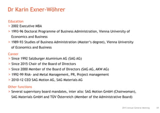 2015 Annual General Meeting
Dr Karin Exner-Wöhrer
69
> 2002 Executive MBA
> 1993-96 Doctoral Programme of Business Administration, Vienna University of
Economics and Business
> 1989-93 Studies of Business Administration (Master‘s degree), Vienna University
of Economics and Business
Education
Other functions
> Several supervisory board mandates, inter alia: SAG Motion GmbH (Chairwoman),
SAG Materials GmbH and TÜV Österreich (Member of the Administrative Board)
Career
> Since 1992 Salzburger Aluminium AG (SAG AG)
> Since 2015 Chair of the Board of Directors
> Since 2000 Member of the Board of Directors (SAG AG, AKW AG)
> 1992-99 Risk- and Metal Management, PR, Project management
> 2010-12 CEO SAG Motion AG, SAG Materials AG
 