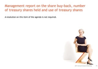 Management report on the share buy-back, number
of treasury shares held and use of treasury shares
A resolution on this item of the agenda is not required.
752015 Annual General Meeting
 