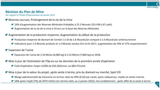 Révision du Plan de Mine
Par rapport à l’Étude d’Optimisation de janvier 2013
Réserves accrues; Prolongement de la vie de la mine
24% d’augmentation des Réserves Minérales Probables à 22.3 Mcarats (33.4 Mt à 67 cpht)
Augmentation de la vie de la mine à 14 ans sur la base des Réserves Minérales
Augmentation de la production moyenne; Augmentation du début de la production
Production moyenne de diamant de l’année 1 à 10 de 1.8 Mcarats/an comparé à 1.6 Mcarats/an antérieurement
Indications pour 1.9 Mcarats produits et 1.4 Mcarats vendus d’ici la fin 2017, augmentation de 24% et 57% respectivement
Expansion de l’usine
Expansion de l’usine de 2.16 Mt/an (6,000 tpj) à 2.52 Mt/an (7,000 tpj) en 2018.
Mise à jour de l’estimation de l’Op-ex sur les données de la première année d’opération
Coût d’opération moyen (LOM) de $56.20/tonne, ou $84.37/carat.
Mise à jour de la valeur du projet, après vente à terme, prix du diamant au marché, Spot F/X
Marge opérationnelle de trésorerie en termes réels de 59% ($120 par carat), après redevances, impôts et vente à terme.
VAN après impôt (7%) de $974 million (en termes réels, au 1 janvier 2016), hors endettement , après effet de la vente à terme
11
 