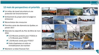12 mois de perspectives et priorités
Un milieu de travail sécuritaire et une
protection de l’environnement
Achèvement du projet selon le budget et
échéancier
Réconciliation des ressources
Première vente des diamants du Québec en
janvier 2017
Atteindre les objectifs du Plan de Mine de mars
2016
0.22 Mcarats produits pour FY2016 et
1.71 Mcarats pour FY2017
1.36 Mcarats vendu pour FY2017
Coûts d’opération et coûts en
immobilisations de maintien
Maintenir un bilan financier fort
46
 
