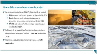 Une solide année d’exécution de projet
5
La construction de Renard bat l’échéancier & le budget
92% complété à la fin avril comparé au plan initial de 77%.
5 mois d’avance sur la prévision de date pour la
production commerciale maintenant au 31 déc. 2016.
775M $ coût prévu à l'achèvement par rapport au plan
initial de 811M $CA.
Prévision de la capacité de financement excédentaire
pour achever le projet d'environ 116M $CA au 31 mars
2016.
Première production de diamant prévue pour la fin
septembre.
 