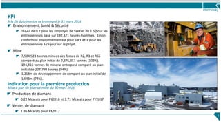KPI
A la fin du trimestre se terminant le 31 mars 2016
6
Environnement, Santé & Sécurité
TFAAT de 0.2 pour les employés de SWY et de 1.5 pour les
entrepreneurs basé sur 192,321 heures-hommes. 1 non-
conformité environnementale pour SWY et 1 pour les
entrepreneurs à ce jour sur le projet.
Mine
7,504,923 tonnes minées des fosses de R2, R3 et R65
comparé au plan initial de 7,376,351 tonnes (102%).
194,416 tonnes de minerai entreposé comparé au plan
initial de 207,799 tonnes (94%).
1,218m de développement de comparé au plan initial de
1,643m (74%).
Indication pour la première production
Mise à jour du plan de mine du 30 mars 2016
Production de diamant
0.22 Mcarats pour FY2016 et 1.71 Mcarats pour FY2017
Ventes de diamant
1.36 Mcarats pour FY2017
 