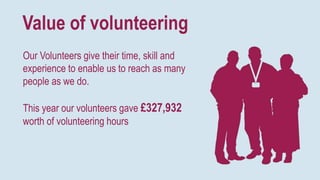 Our Volunteers give their time, skill and
experience to enable us to reach as many
people as we do.
This year our volunteers gave £327,932
worth of volunteering hours
Value of volunteering
 