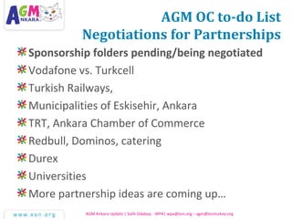 AGM OC to-do List
Negotiations for Partnerships
Sponsorship folders pending/being negotiated
Vodafone vs. Turkcell
Turkish Railways,
Municipalities of Eskisehir, Ankara
TRT, Ankara Chamber of Commerce
Redbull, Dominos, catering
Durex
Universities
More partnership ideas are coming up…
AGM Ankara Update | Salih Odabaşı - WPA| wpa@esn.org – agm@esnturkey.org
 