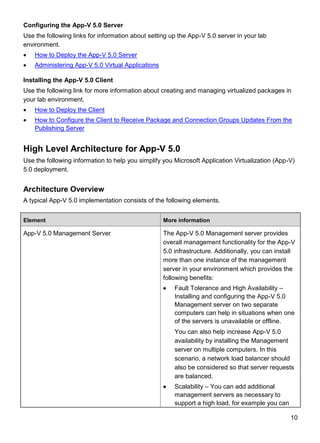 10
Configuring the App-V 5.0 Server
Use the following links for information about setting up the App-V 5.0 server in your lab
environment.
 How to Deploy the App-V 5.0 Server
 Administering App-V 5.0 Virtual Applications
Installing the App-V 5.0 Client
Use the following link for more information about creating and managing virtualized packages in
your lab environment.
 How to Deploy the Client
 How to Configure the Client to Receive Package and Connection Groups Updates From the
Publishing Server
High Level Architecture for App-V 5.0
Use the following information to help you simplify you Microsoft Application Virtualization (App-V)
5.0 deployment.
Architecture Overview
A typical App-V 5.0 implementation consists of the following elements.
Element More information
App-V 5.0 Management Server The App-V 5.0 Management server provides
overall management functionality for the App-V
5.0 infrastructure. Additionally, you can install
more than one instance of the management
server in your environment which provides the
following benefits:
 Fault Tolerance and High Availability –
Installing and configuring the App-V 5.0
Management server on two separate
computers can help in situations when one
of the servers is unavailable or offline.
You can also help increase App-V 5.0
availability by installing the Management
server on multiple computers. In this
scenario, a network load balancer should
also be considered so that server requests
are balanced.
 Scalability – You can add additional
management servers as necessary to
support a high load, for example you can
 