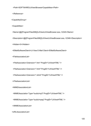 125
<Path>SOFTWARELitViewBrowserCapabilities</Path>
</Reference>
<CapabilityGroup>
<Capabilities>
<Name>@[{ProgramFilesX86}]LitViewLitViewBrowser.exe,-12345</Name>
<Description>@[{ProgramFilesX86}]LitViewLitViewBrowser.exe,-12346</Description>
<Hidden>0</Hidden>
<EMailSoftwareClient>Lit View E-Mail Client</EMailSoftwareClient>
<FileAssociationList>
<FileAssociation Extension=".htm" ProgID="LitViewHTML" />
<FileAssociation Extension=".html" ProgID="LitViewHTML" />
<FileAssociation Extension=".shtml" ProgID="LitViewHTML" />
</FileAssociationList>
<MIMEAssociationList>
<MIMEAssociation Type="audio/mp3" ProgID="LitViewHTML" />
<MIMEAssociation Type="audio/mpeg" ProgID="LitViewHTML" />
</MIMEAssociationList>
<URLAssociationList>
 