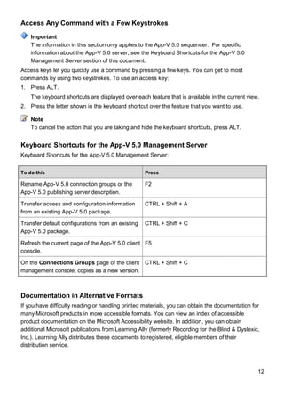 12
Access Any Command with a Few Keystrokes
The information in this section only applies to the App-V 5.0 sequencer. For specific
information about the App-V 5.0 server, see the Keyboard Shortcuts for the App-V 5.0
Management Server section of this document.
Access keys let you quickly use a command by pressing a few keys. You can get to most
commands by using two keystrokes. To use an access key:
1. Press ALT.
The keyboard shortcuts are displayed over each feature that is available in the current view.
2. Press the letter shown in the keyboard shortcut over the feature that you want to use.
To cancel the action that you are taking and hide the keyboard shortcuts, press ALT.
Keyboard Shortcuts for the App-V 5.0 Management Server
Keyboard Shortcuts for the App-V 5.0 Management Server:
To do this Press
Rename App-V 5.0 connection groups or the
App-V 5.0 publishing server description.
F2
Transfer access and configuration information
from an existing App-V 5.0 package.
CTRL + Shift + A
Transfer default configurations from an existing
App-V 5.0 package.
CTRL + Shift + C
Refresh the current page of the App-V 5.0 client
console.
F5
On the Connections Groups page of the client
management console, copies as a new version.
CTRL + Shift + C
Documentation in Alternative Formats
If you have difficulty reading or handling printed materials, you can obtain the documentation for
many Microsoft products in more accessible formats. You can view an index of accessible
product documentation on the Microsoft Accessibility website. In addition, you can obtain
additional Microsoft publications from Learning Ally (formerly Recording for the Blind & Dyslexic,
Inc.). Learning Ally distributes these documents to registered, eligible members of their
distribution service.
Important
Note
 