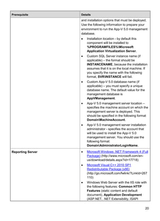 20
Prerequisite Details
and installation options that must be deployed.
Use the following information to prepare your
environment to run the App-V 5.0 management
database.
 Installation location - by default this
component will be installed to
%PROGRAMFILES%Microsoft
Application Virtualization Server.
 Custom SQL Server instance name (if
applicable) – the format should be
INSTANCENAME, because the installation
assumes that it is on the local machine. If
you specify the name with the following
format, SVRINSTANCE will fail.
 Custom App-V 5.0 database name (if
applicable) – you must specify a unique
database name. The default value for the
management database is
AppVManagement.
 App-V 5.0 management server location –
specifies the machine account on which the
management server is deployed. This
should be specified in the following format
DomainMachineAccount.
 App-V 5.0 management server installation
administrator - specifies the account that
will be used to install the App-V 5.0
management server. You should use the
following format:
DomainAdministratorLoginName.
Reporting Server  Microsoft Windows .NET Framework 4 (Full
Package) (http://www.microsoft.com/en-
us/download/details.aspx?id=17718)
 Microsoft Visual C++ 2010 SP1
Redistributable Package (x86)
(http://go.microsoft.com/fwlink/?LinkId=267
110)
 Windows Web Server with the IIS role with
the following features: Common HTTP
Features (static content and default
document), Application Development
(ASP.NET, .NET Extensibility, ISAPI
 