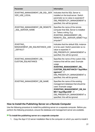 77
Parameter Information
/EXISTING_MANAGEMENT_DB_SQL_SER
VER_USE_LOCAL
Indicates that the SQL Server is
installed on the local server. Switch
parameter so no value is expected.If
/DB_PREDEPLOY_MANAGEMENT is
specified, this will be ignored.
/EXISTING_MANAGEMENT_DB_REMOTE
_SQL_SERVER_NAME
Specifies the name of the remote
computer that SQL Server is installed
on. Takes a string. E.g.
/EXISTING_MANAGEMENT_DB_
REMOTE_SQL_SERVER_NAME="myc
omputer1"
/EXISTING_
MANAGEMENT_DB_SQLINSTANCE_USE
_DEFAULT
Indicates that the default SQL instance
is to be used. Switch parameter so no
value is expected. If
/DB_PREDEPLOY_MANAGEMENT is
specified, this will be ignored.
/EXISTING_MANAGEMENT_DB_
CUSTOM_SQLINSTANCE
Specifies the name of the custom SQL
instance that will be used. Example
usage
/EXISTING_MANAGEMENT_DB_
CUSTOM_SQLINSTANCE=”AppVMan
agement”. If
/DB_PREDEPLOY_MANAGEMENT is
specified, this will be ignored.
/EXISTING_MANAGEMENT_DB_NAME Specifies the name of the existing
management database that should be
used. Example usage:
/EXISITING_MANAGEMENT_DB_NA
ME=”AppVMgmtDB”. If
/DB_PREDEPLOY_MANAGEMENT is
specified, this will be ignored.
How to Install the Publishing Server on a Remote Computer
Use the following procedure to install the publishing server on a separate computer. Before you
perform the following procedure, ensure the database and management server are available.
1. Copy the App-V 5.0 server installation files to the computer on which you want to install it
To install the publishing server on a separate computer
 