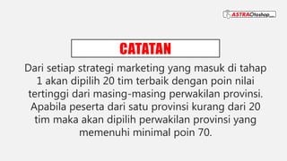 CATATAN
Dari setiap strategi marketing yang masuk di tahap
1 akan dipilih 20 tim terbaik dengan poin nilai
tertinggi dari masing-masing perwakilan provinsi.
Apabila peserta dari satu provinsi kurang dari 20
tim maka akan dipilih perwakilan provinsi yang
memenuhi minimal poin 70.
 