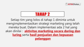 TAHAP 2
Setiap tim yang lolos di tahap 1 diminta untuk
mengimplementasikan strategi marketing yang telah
mereka buat. Dalam implementasi ada 2 hal yang
akan dinilai : aktivitas marketing secara daring dan
luring serta hasil penjualan dan kepuasan
pelanggan
 