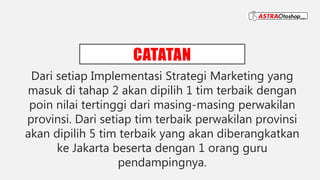 CATATAN
Dari setiap Implementasi Strategi Marketing yang
masuk di tahap 2 akan dipilih 1 tim terbaik dengan
poin nilai tertinggi dari masing-masing perwakilan
provinsi. Dari setiap tim terbaik perwakilan provinsi
akan dipilih 5 tim terbaik yang akan diberangkatkan
ke Jakarta beserta dengan 1 orang guru
pendampingnya.
 