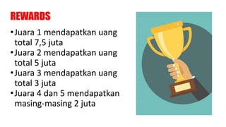•Juara 1 mendapatkan uang
total 7,5 juta
•Juara 2 mendapatkan uang
total 5 juta
•Juara 3 mendapatkan uang
total 3 juta
•Juara 4 dan 5 mendapatkan
masing-masing 2 juta
REWARDS
 