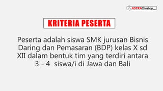 KRITERIA PESERTA
Peserta adalah siswa SMK jurusan Bisnis
Daring dan Pemasaran (BDP) kelas X sd
XII dalam bentuk tim yang terdiri antara
3 - 4 siswa/i di Jawa dan Bali
 