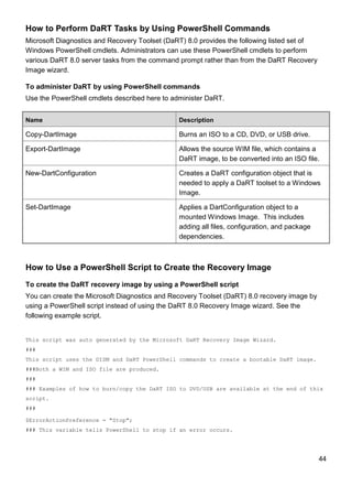 44
How to Perform DaRT Tasks by Using PowerShell Commands
Microsoft Diagnostics and Recovery Toolset (DaRT) 8.0 provides the following listed set of
Windows PowerShell cmdlets. Administrators can use these PowerShell cmdlets to perform
various DaRT 8.0 server tasks from the command prompt rather than from the DaRT Recovery
Image wizard.
To administer DaRT by using PowerShell commands
Use the PowerShell cmdlets described here to administer DaRT.
Name Description
Copy-DartImage Burns an ISO to a CD, DVD, or USB drive.
Export-DartImage Allows the source WIM file, which contains a
DaRT image, to be converted into an ISO file.
New-DartConfiguration Creates a DaRT configuration object that is
needed to apply a DaRT toolset to a Windows
Image.
Set-DartImage Applies a DartConfiguration object to a
mounted Windows Image. This includes
adding all files, configuration, and package
dependencies.
How to Use a PowerShell Script to Create the Recovery Image
To create the DaRT recovery image by using a PowerShell script
You can create the Microsoft Diagnostics and Recovery Toolset (DaRT) 8.0 recovery image by
using a PowerShell script instead of using the DaRT 8.0 Recovery Image wizard. See the
following example script.
This script was auto generated by the Microsoft DaRT Recovery Image Wizard.
###
This script uses the DISM and DaRT PowerShell commands to create a bootable DaRT image.
###Both a WIM and ISO file are produced.
###
### Examples of how to burn/copy the DaRT ISO to DVD/USB are available at the end of this
script.
###
$ErrorActionPreference = "Stop";
### This variable tells PowerShell to stop if an error occurs.
 