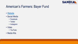American’s Farmers: Bayer Fund
• Website
• Social Media
• Facebook
• Twitter
• Instagram
• Video
• YouTube
• Media Kits
 