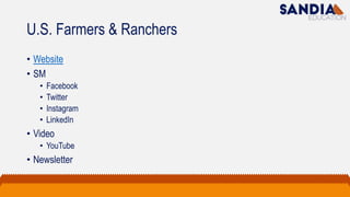 U.S. Farmers & Ranchers
• Website
• SM
• Facebook
• Twitter
• Instagram
• LinkedIn
• Video
• YouTube
• Newsletter
 